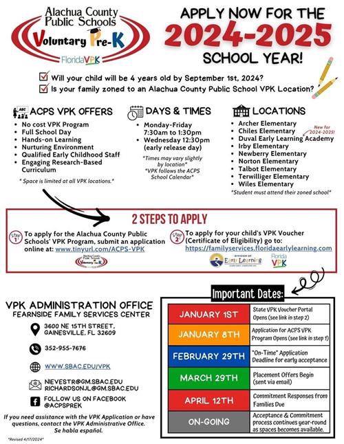 Dates, times and locations to apply for 2024-2025 VPK